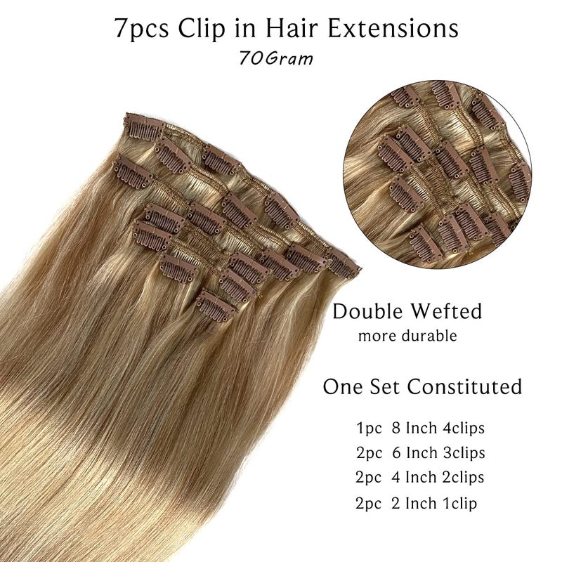 Ubetta Clip in Hair Extensions, Blonde Highlights Real Human Hair Clip ins 15 Inch Silky Straight Double Weft Remy Hair Extensions Clip on 7 Pieces 70G 2 Sets Full Head for White Women - Image 2